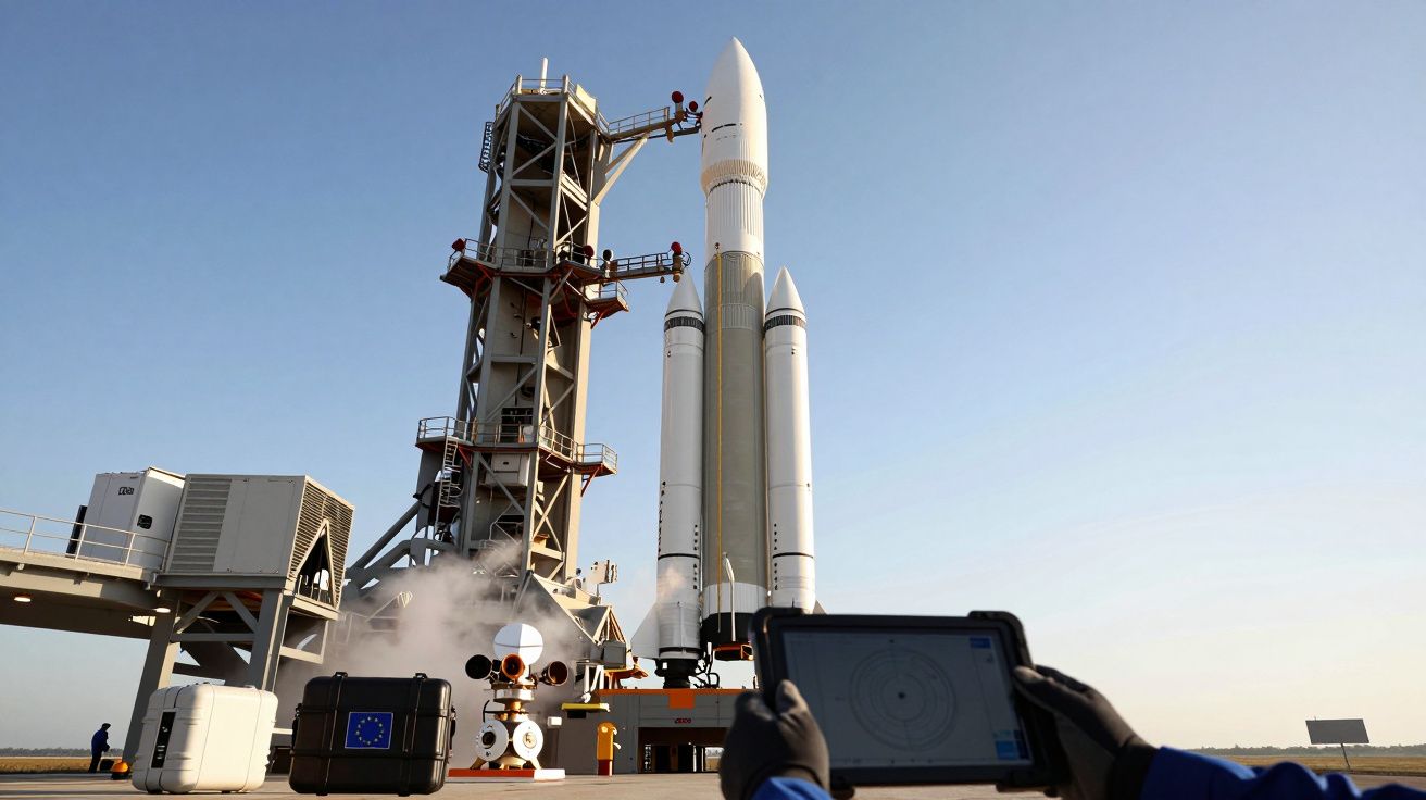 Foguete na plataforma de lançamento, pronto para decolagem, céu limpo ao fundo e técnico com tablet em destaque.