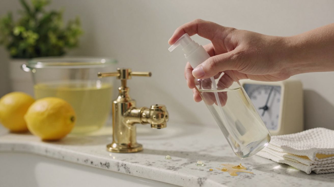 Mão segurando frasco de spray transparente junto a torneira dourada em bancada com limões e toalhas.