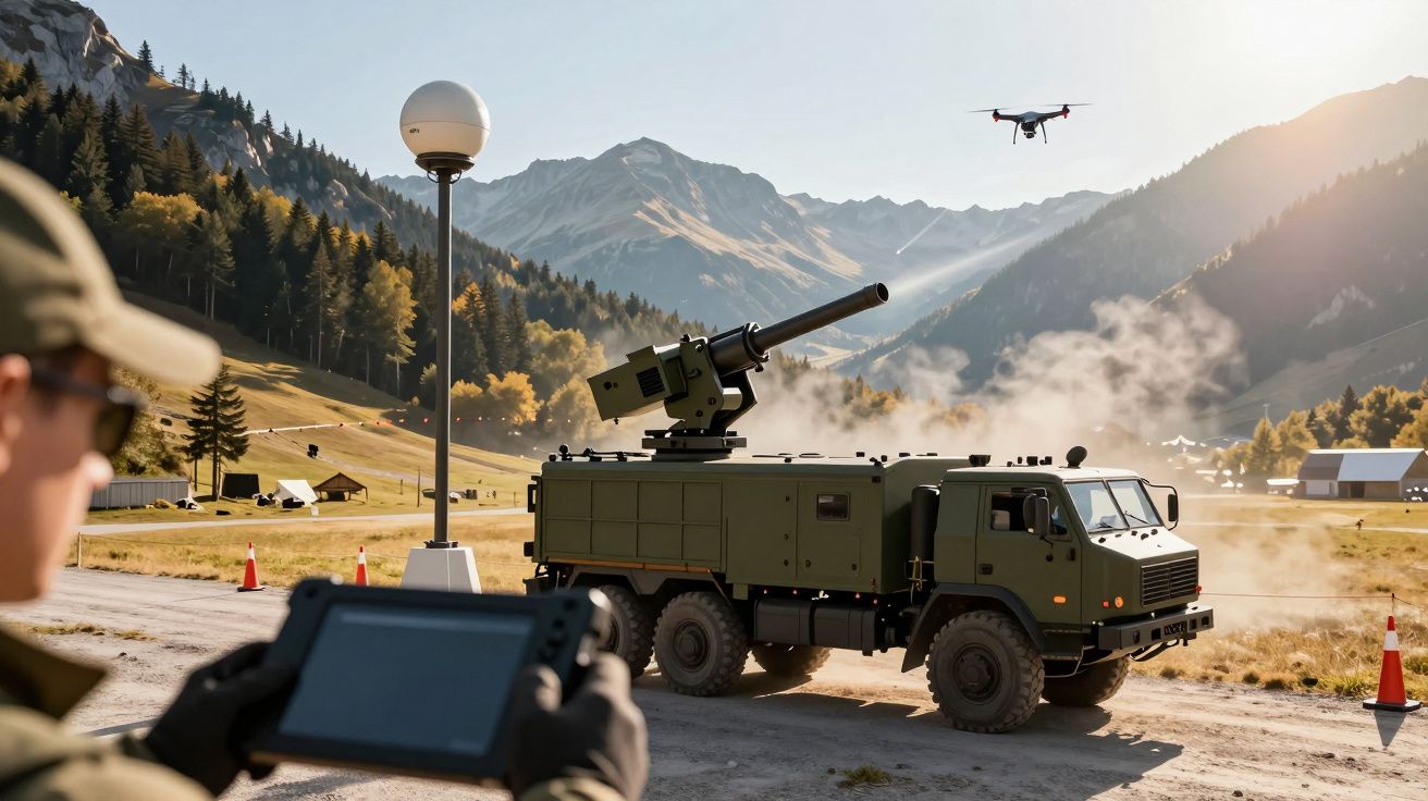 Soldado controla drone e veículo militar com canhão em área montanhosa, cercado por vales e florestas ao fundo.