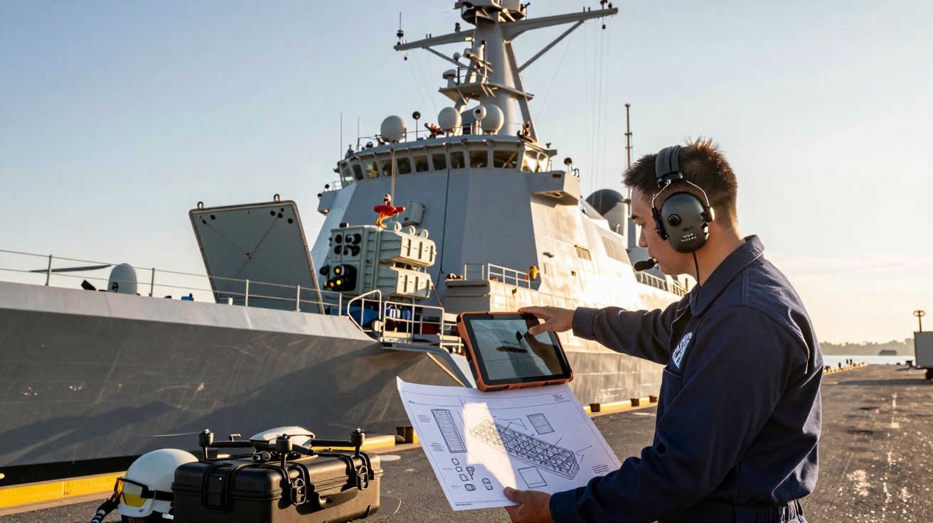 Homem com auscultadores usa tablet em frente a um navio militar no porto, com desenhos técnicos na mão.