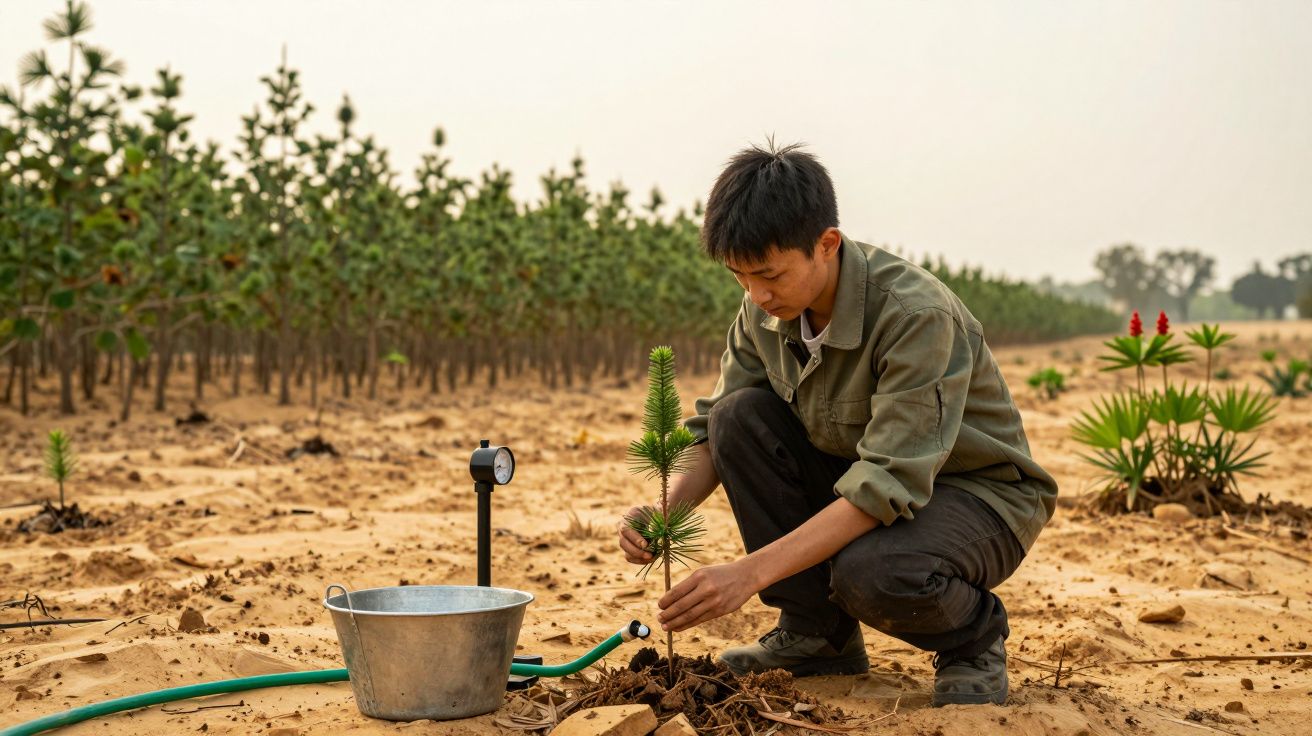 Homem planta uma pequena árvore num campo árido com um balde e mangueira ao lado. Arbustos verdes ao fundo.