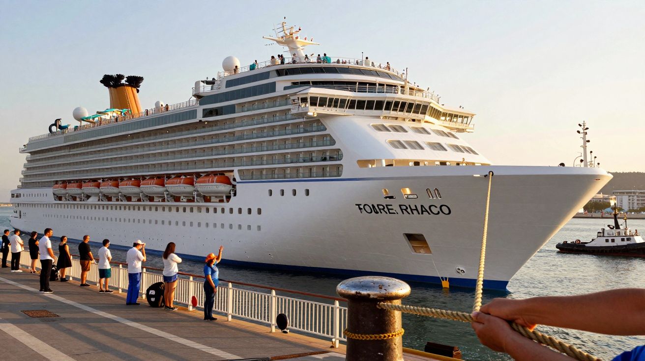 Navio de cruzeiro imponente atracado num porto, com pessoas a observar ao longo da margem e barco de apoio próximo.