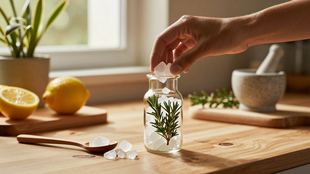 Mão adiciona cristais de sal num frasco com alecrim, ao lado de limões e uma colher de madeira numa bancada de cozinha.