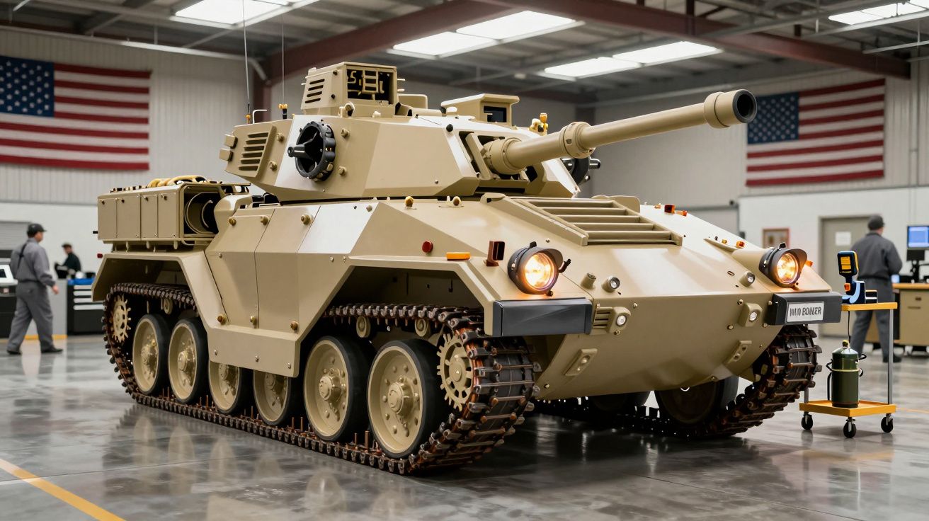 Tanque militar em exibição num armazém com duas bandeiras americanas ao fundo.