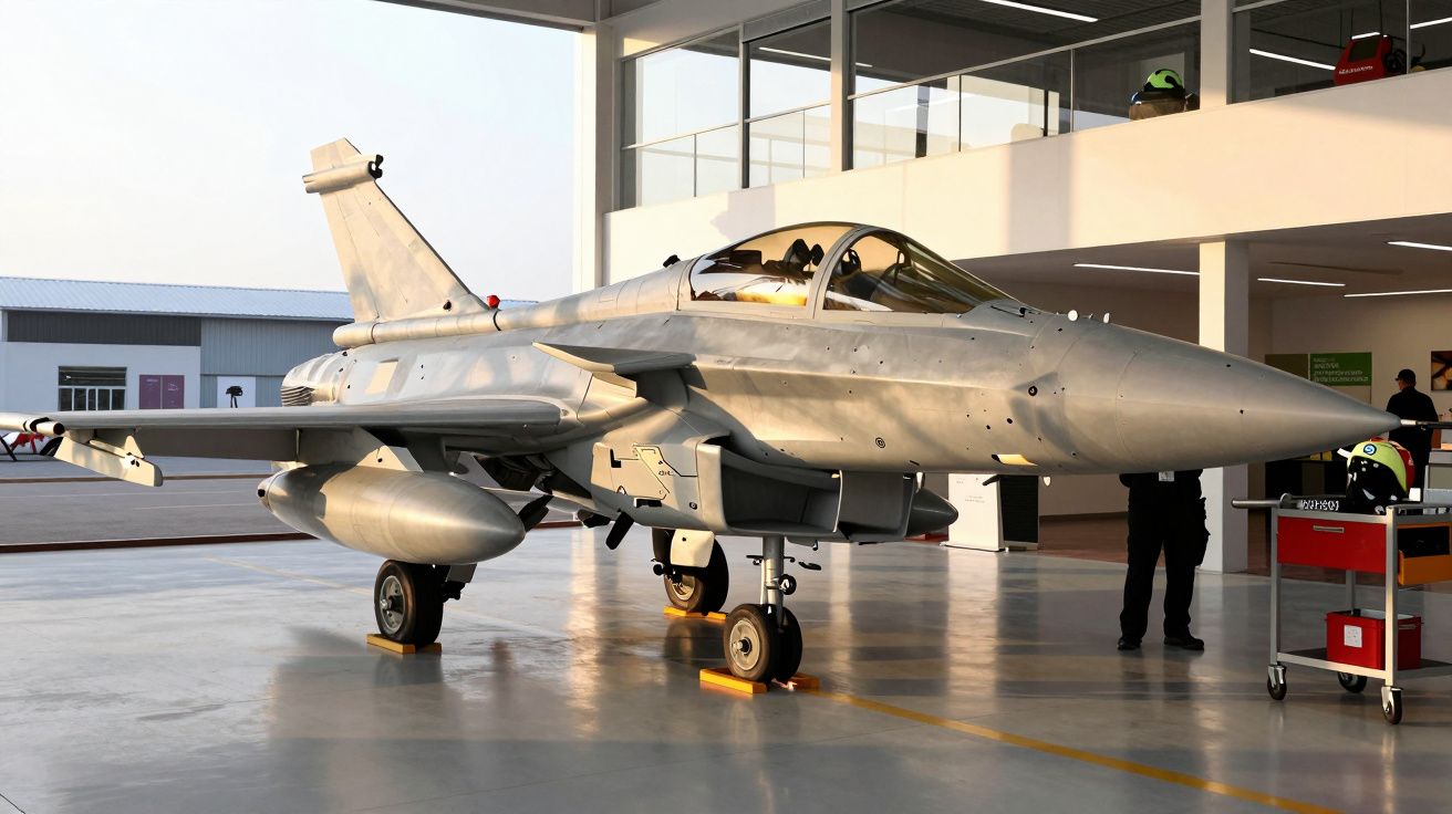 Jato militar cinzento estacionado num hangar iluminado, com pessoal técnico ao redor.