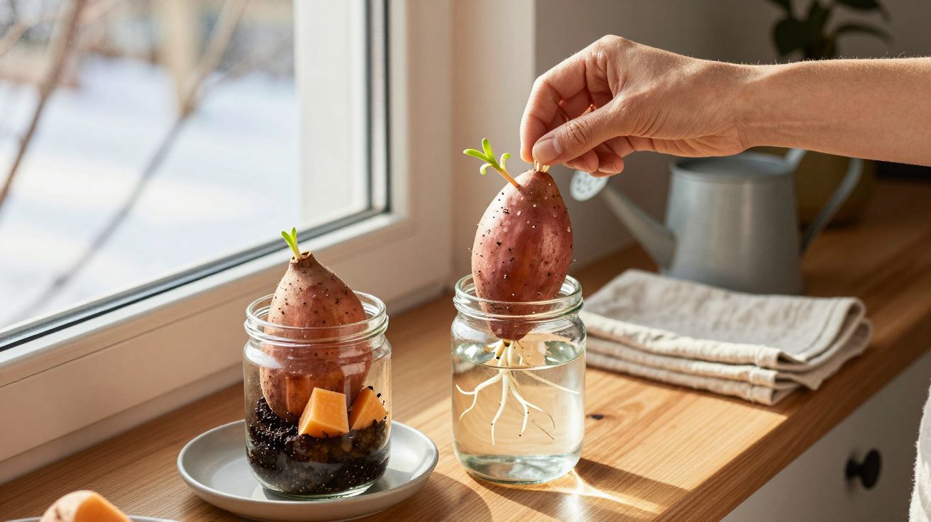 Mão segurando batata-doce com raízes em jarra de água ao lado de outra batata-doce em terra, numa janela ensolarada.