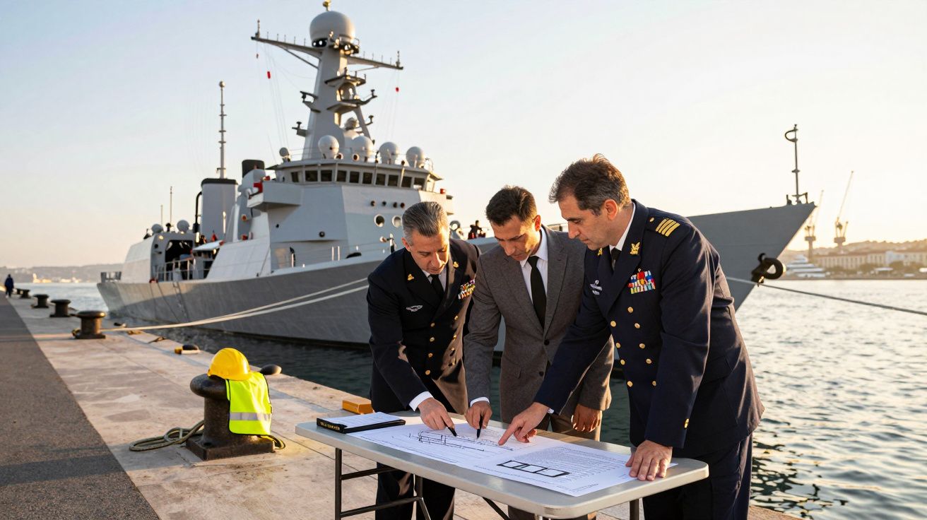 Três homens de uniforme discutem planos navais numa mesa, com um navio de guerra atracado ao fundo.