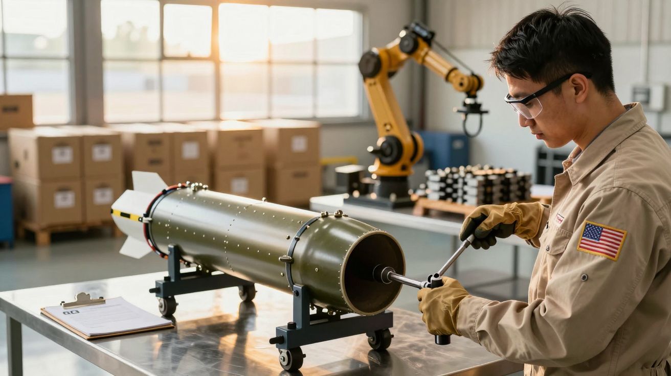 Homem em oficina ajusta peça cilíndrica metálica numa mesa, usando ferramentas e luvas, com robô e caixas ao fundo.