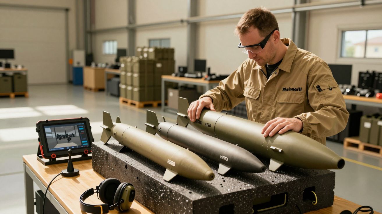 Homem inspeciona mísseis em laboratório, com tablet e auscultadores numa mesa ao lado.
