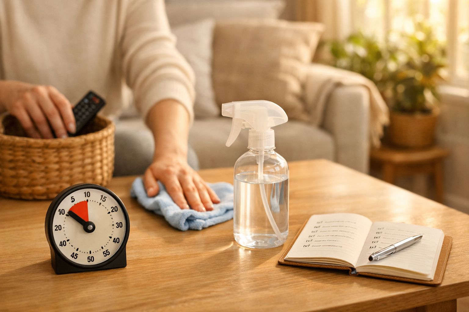 Pessoa arruma cesto de roupa com spray de limpeza e luvas sobre a bancada da cozinha bem iluminada.