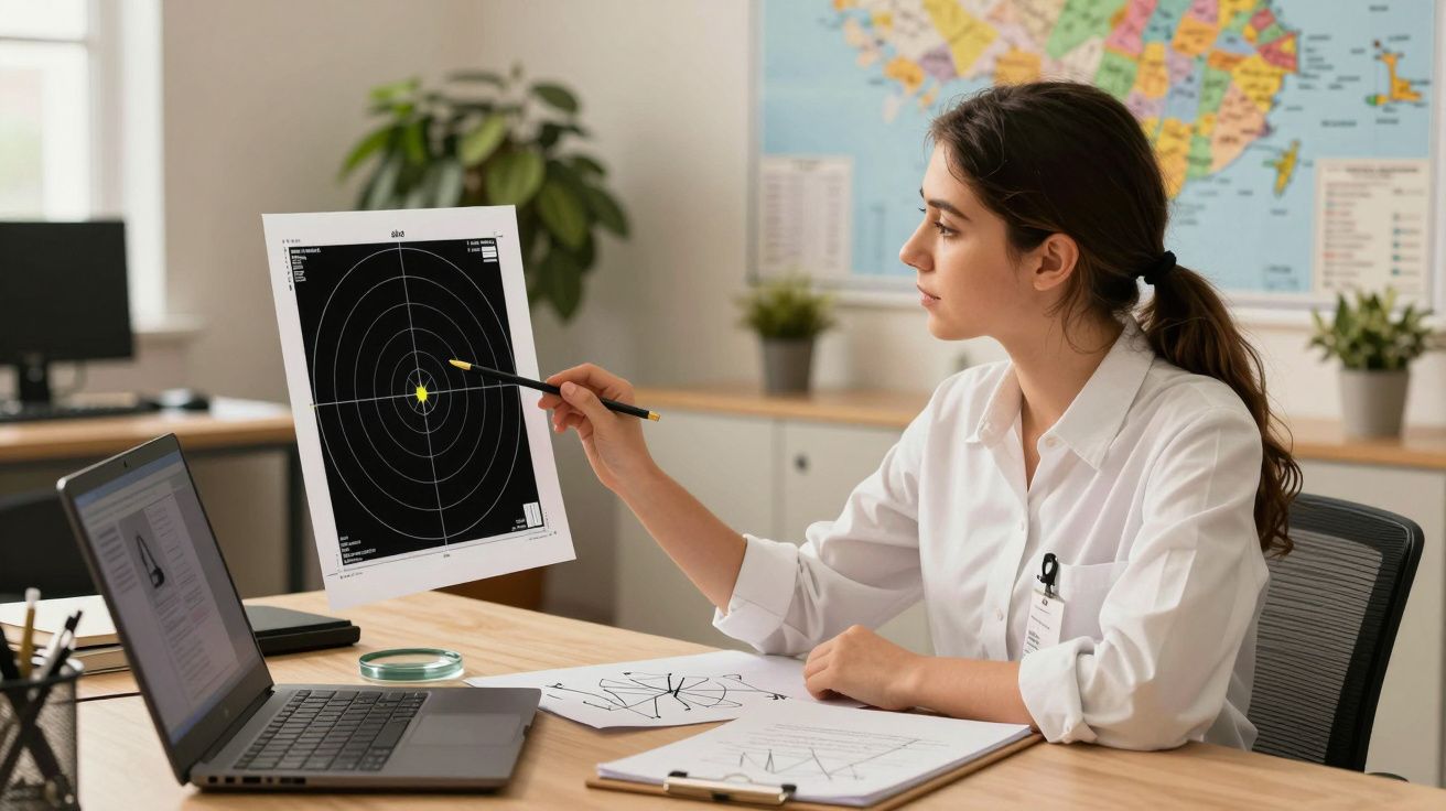 Mulher aponta gráfico impresso com uma caneta numa sala de escritório, com computador e mapa ao fundo.