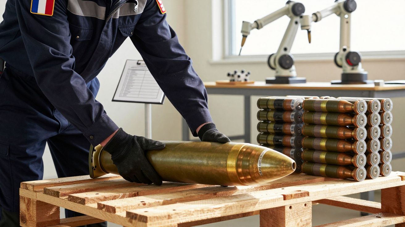 Operário manuseia projétil numa fábrica, com robôs ao fundo e outras munições empilhadas sobre palete de madeira.