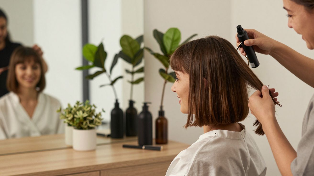 Cabeleireira corta cabelo de mulher sentada, refletida no espelho; plantas e produtos no balcão.