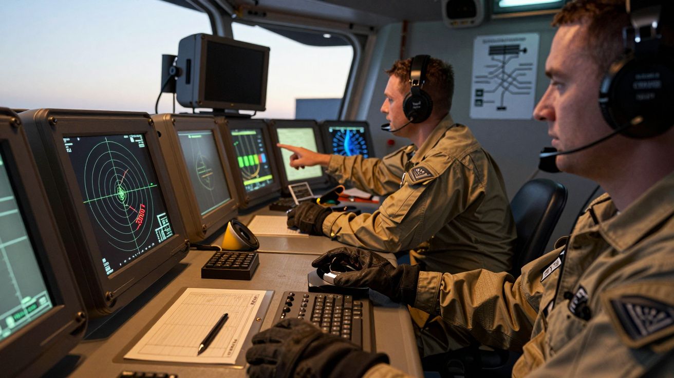 Dois operadores de radar militares monitorizam ecrãs num centro de controlo, usando fones e equipamento táctico.