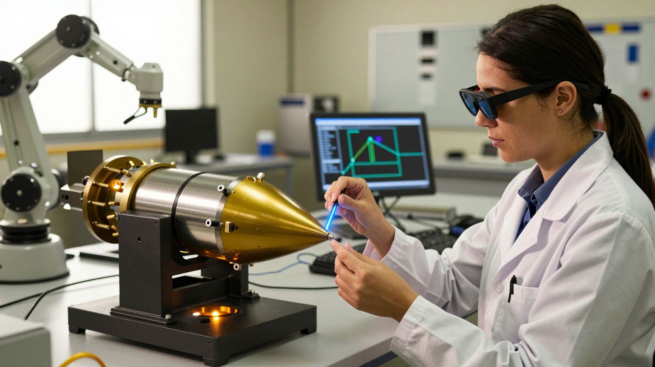 Cientista em laboratório usando óculos de proteção, manipulando equipamento dourado com robô e computador ao fundo.