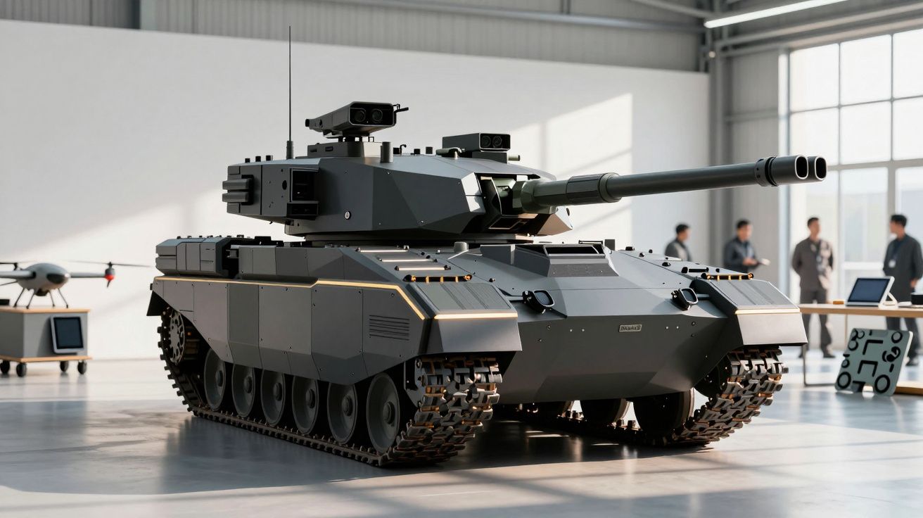 Tanque de guerra moderno em exposição num hangar, com pessoas ao fundo e drones numa mesa.