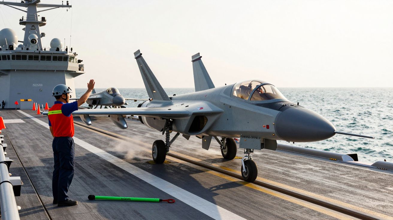 Operador orienta jato cinza na pista de pouso de porta-aviões em mar aberto.