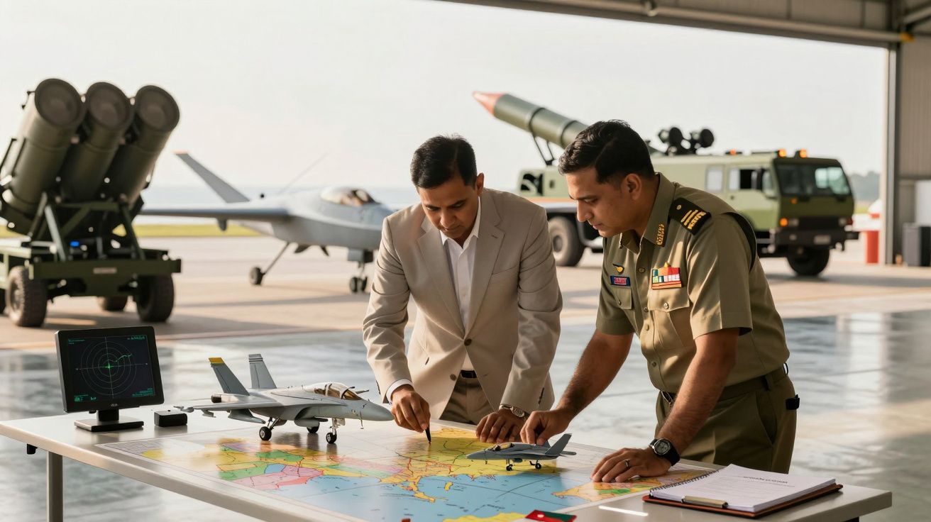 Dois homens analisam mapa em hangar com aviões, veículos e equipamento de radar ao fundo.