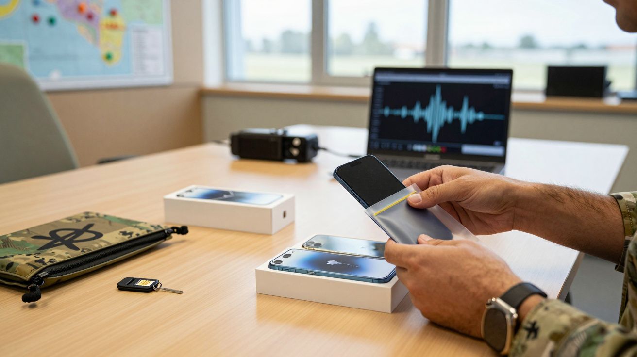 Homem segurando telemóvel em sala com portátil ao fundo e caixas de smartphones sobre a mesa.