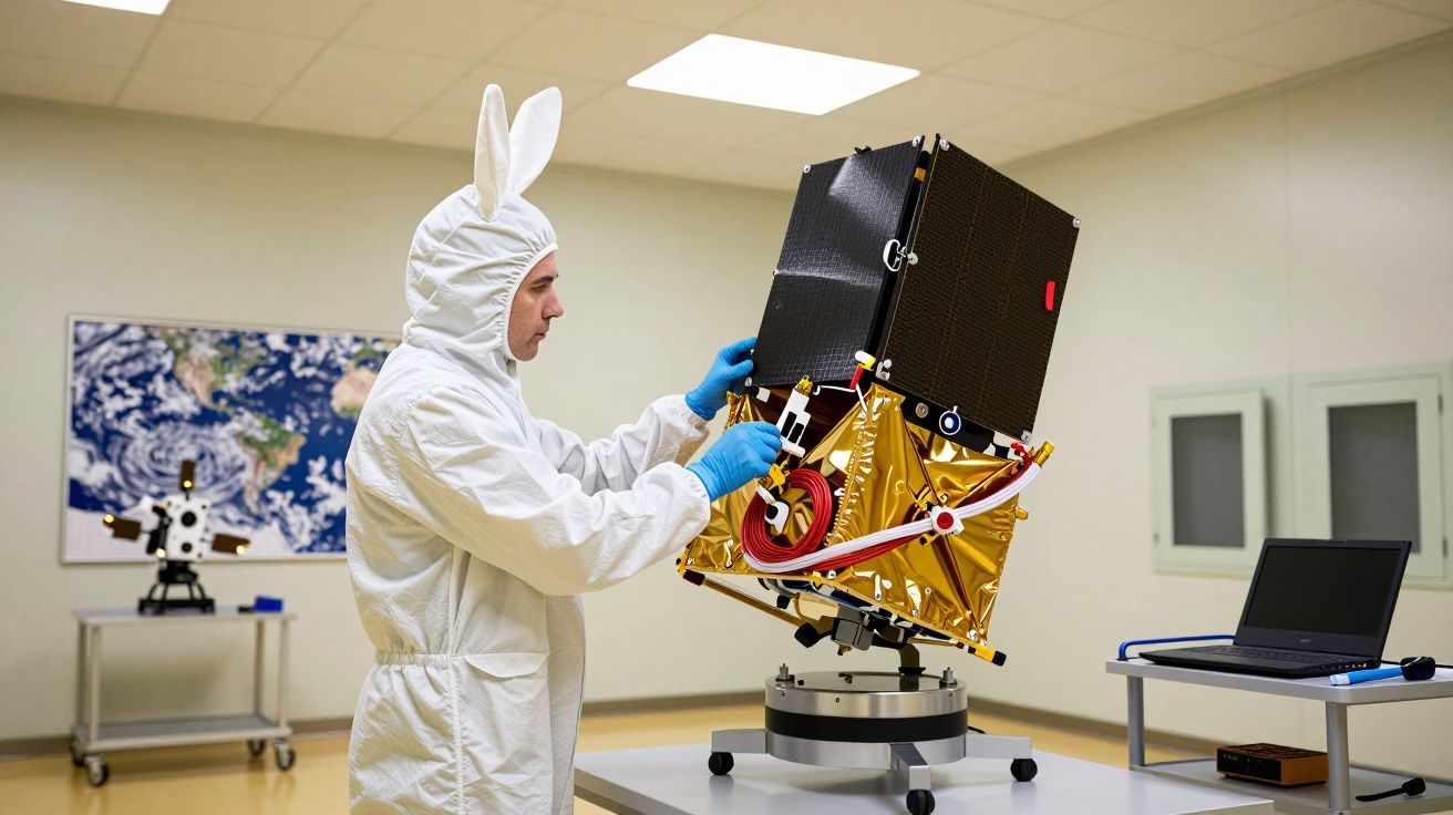 Técnico em fato protetor ajustando satélite num laboratório com mapa-múndi na parede.
