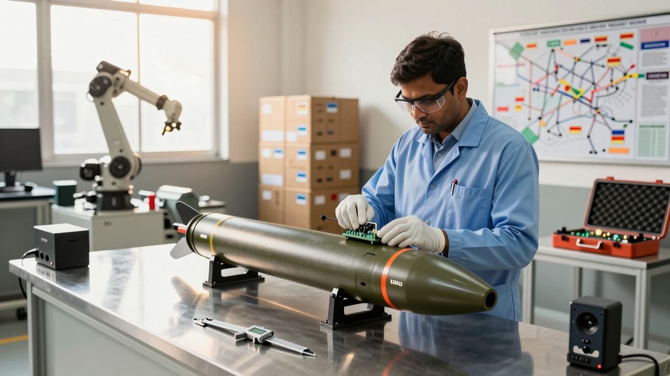 Engenheiro trabalha em componente eletrónico de míssil numa bancada de laboratório tecnológico.