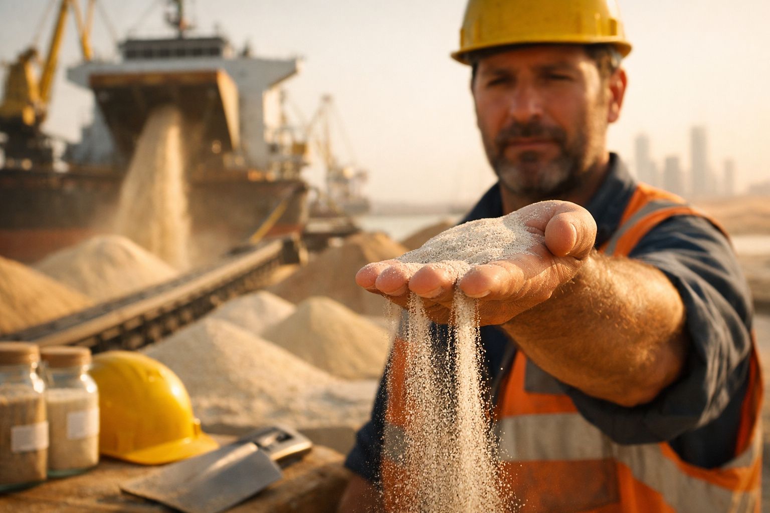 Trabalhador em capacete examina grãos num monte de areia, com navio ao fundo durante o pôr do sol.