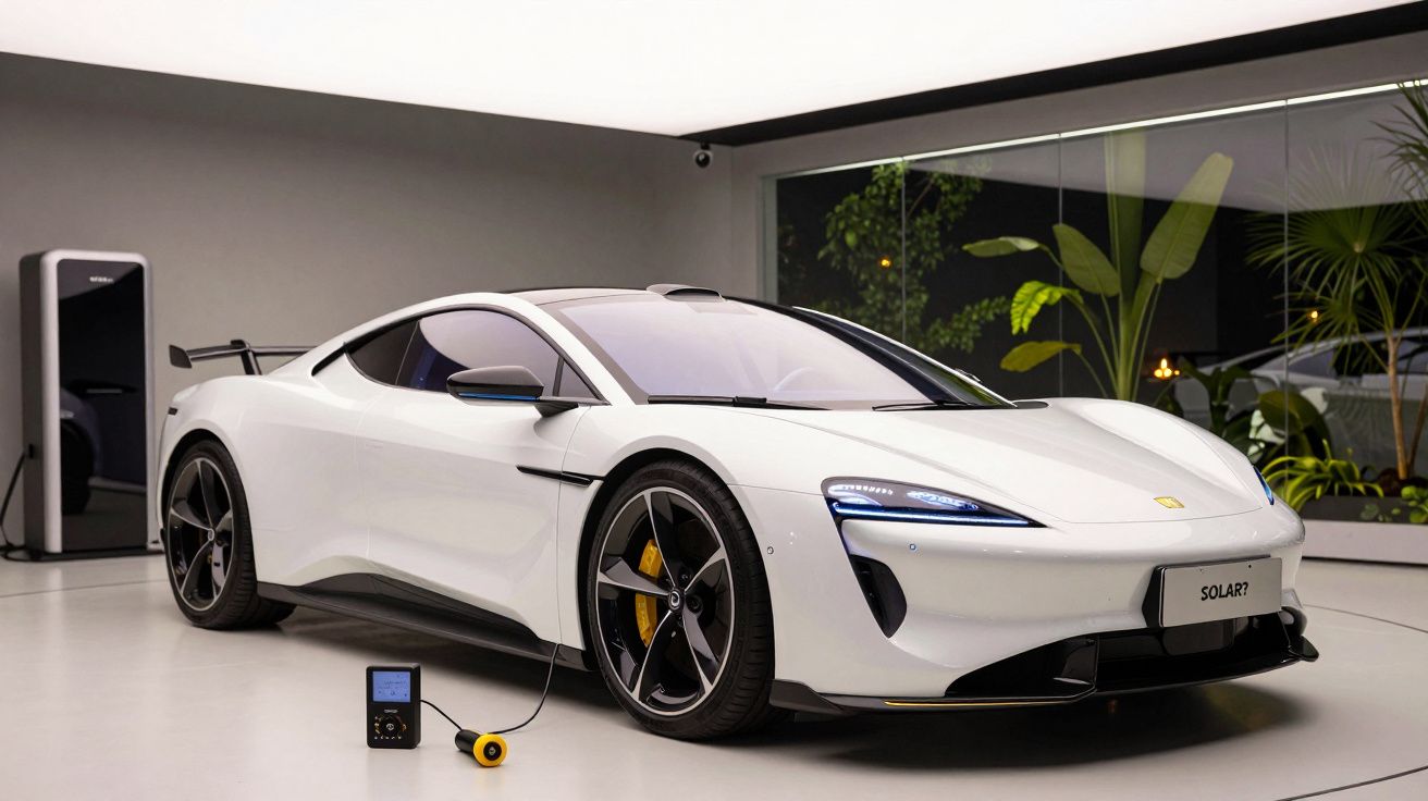 Carro desportivo branco em exposição num ambiente moderno, com vegetação e iluminação suave ao fundo.