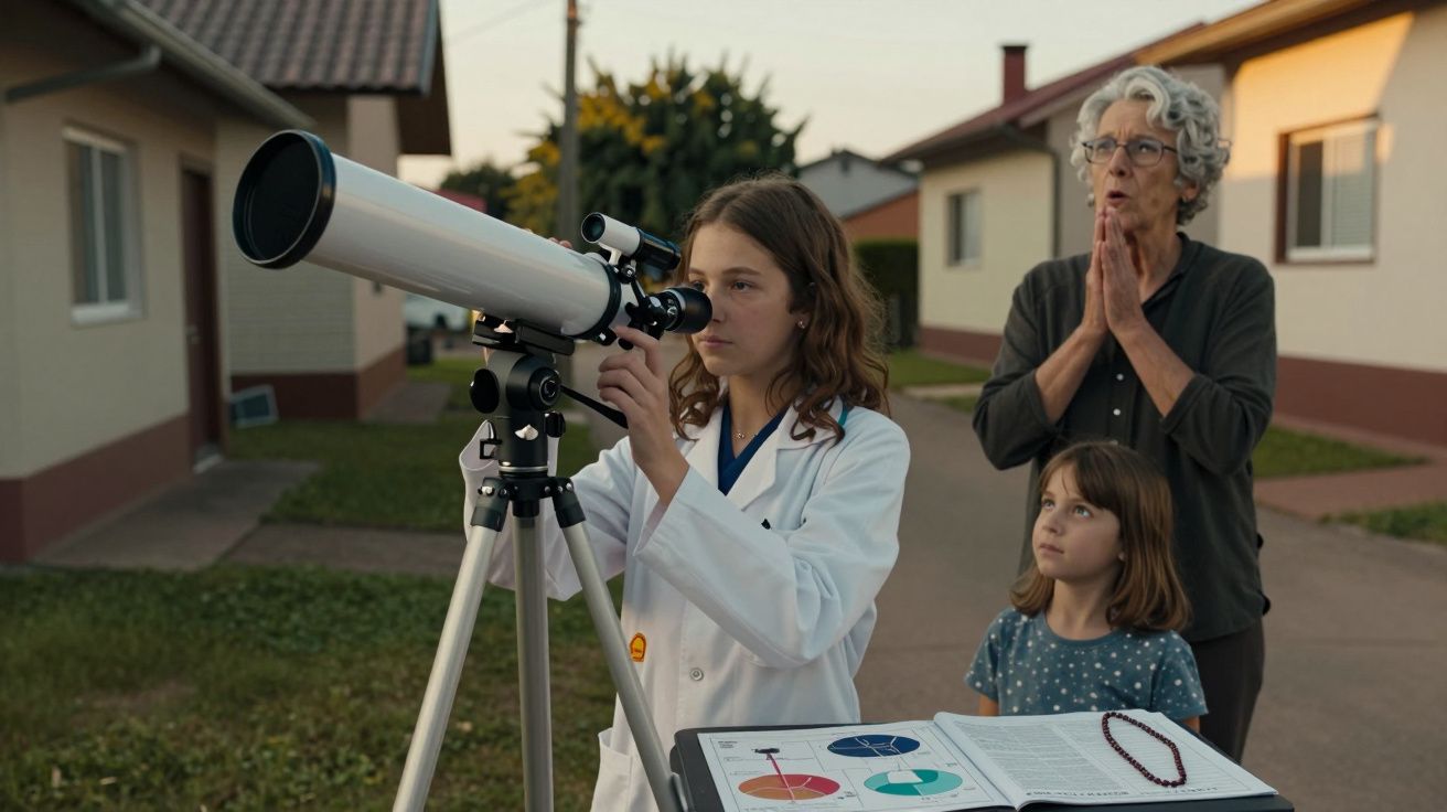 Menina observando pelo telescópio com duas pessoas ao lado, num bairro residencial.