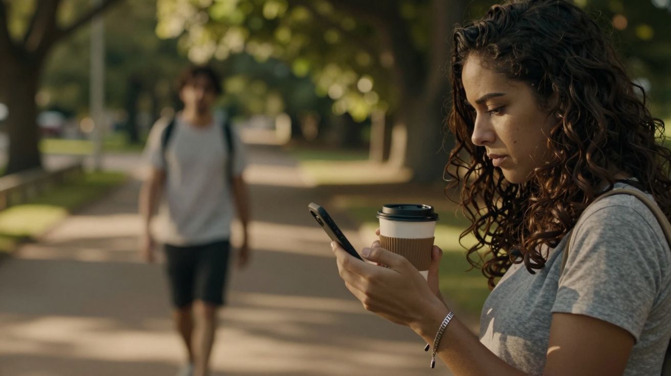Mulher segura telemóvel e café num parque; ao fundo, homem caminha na mesma direção.