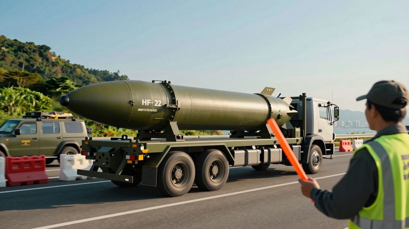 Camião transportando um míssil verde numa estrada, acompanhado por um funcionário a orientar o trânsito com uma vara laranja.