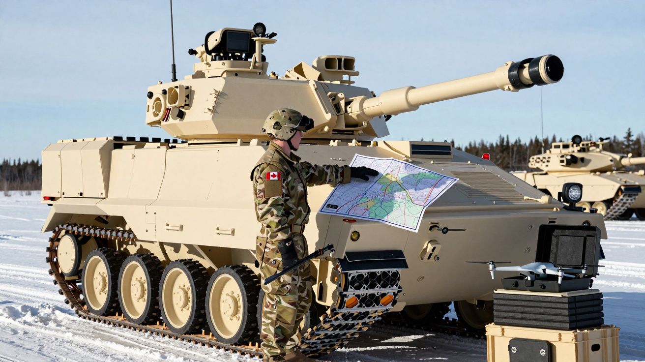 Soldado em uniforme camuflado aponta para mapa em cima de tanque em área nevada, com árvores ao fundo.