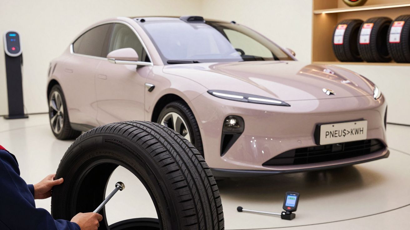 Carro elétrico rosa em exibição, com um pneu de reposição em destaque e ferramentas de medição ao lado.