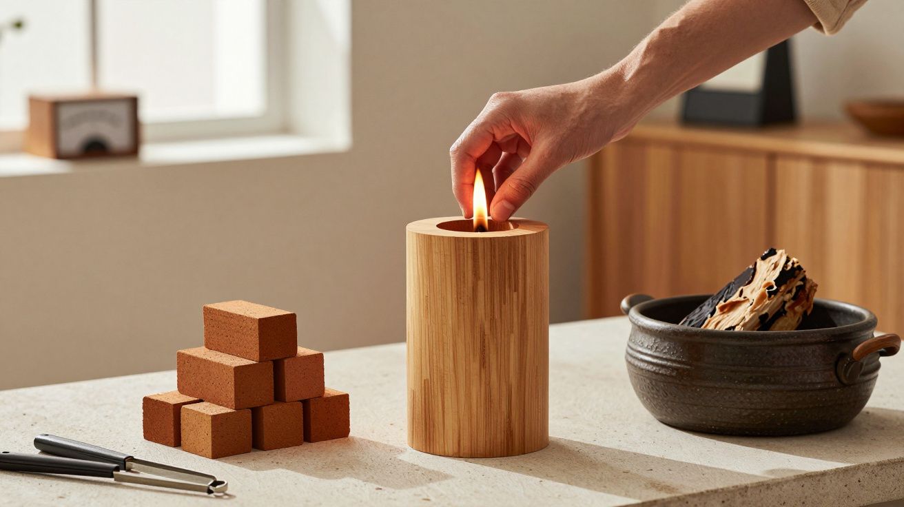 Pessoa acende vela num suporte de madeira numa mesa de pedra, com blocos empilhados e uma taça ao lado.