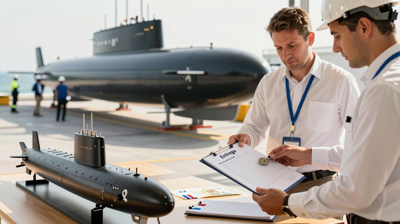 Dois homens analisam documentos perto de um submarino em miniatura e outro de tamanho real ao fundo.