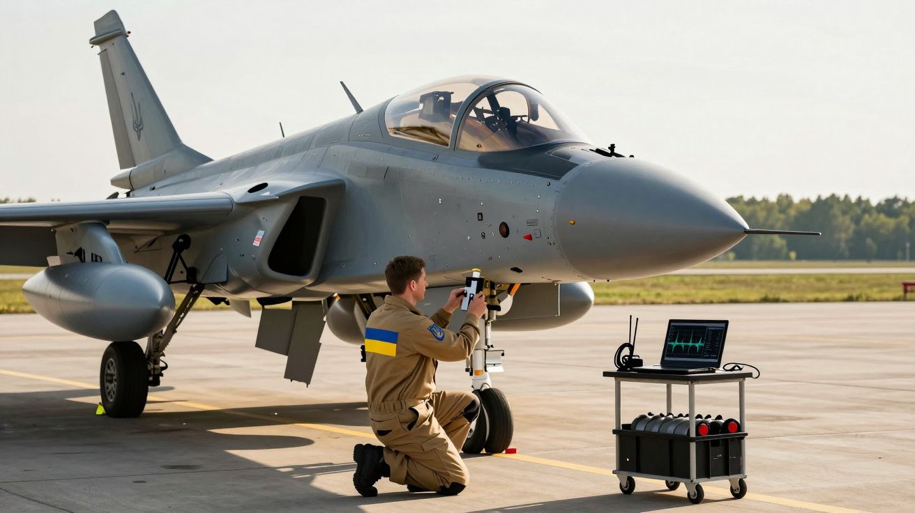 Técnico inspecciona caça no aeroporto com laptop.