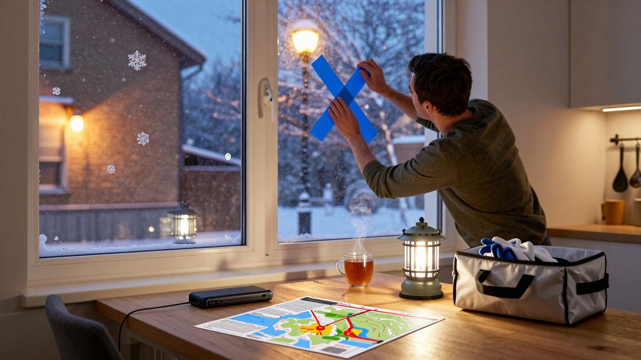Homem a colar fita azul na janela, com chá e lanterna na mesa, enquanto neva lá fora.
