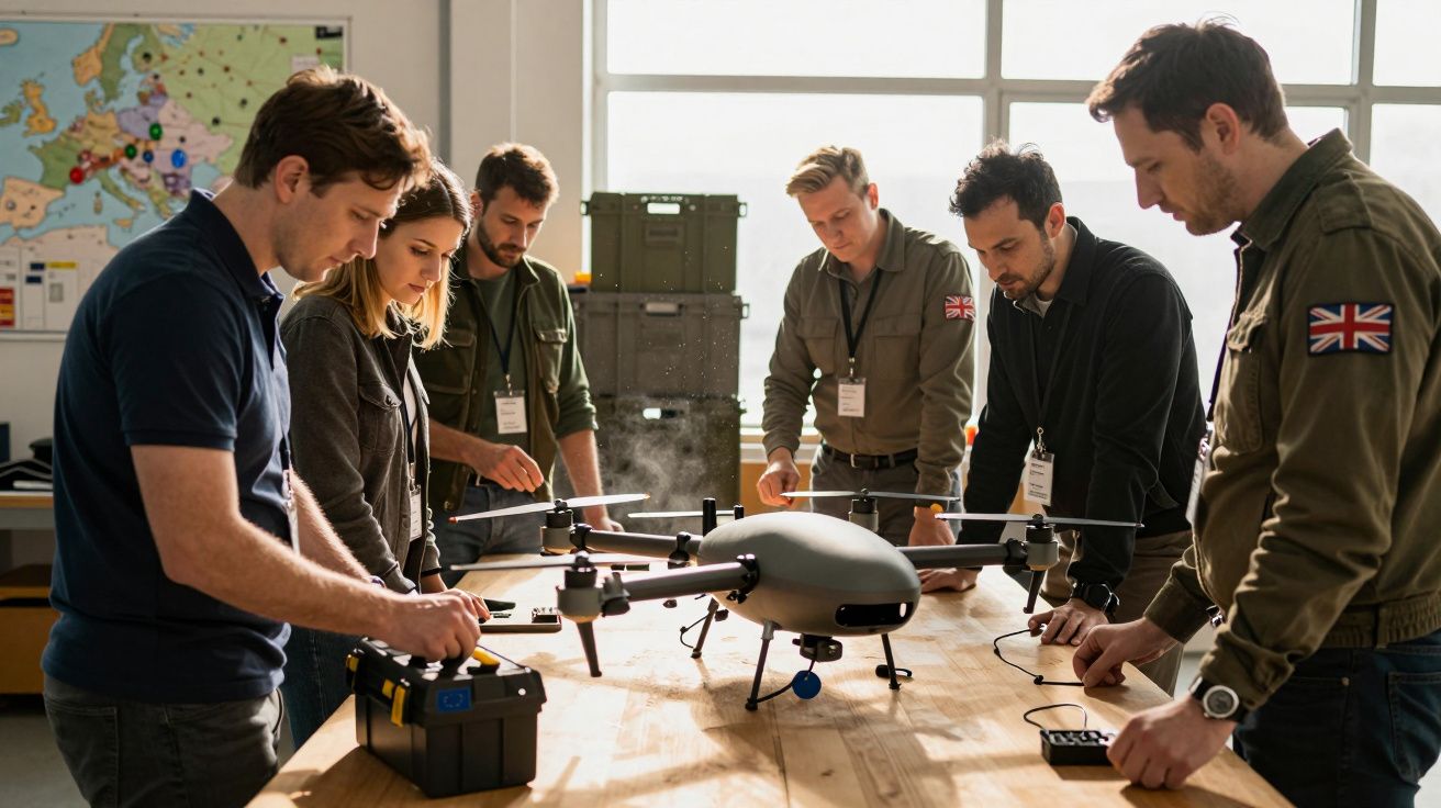 Grupo de pessoas numa mesa de trabalho a montar um drone numa sala bem iluminada.