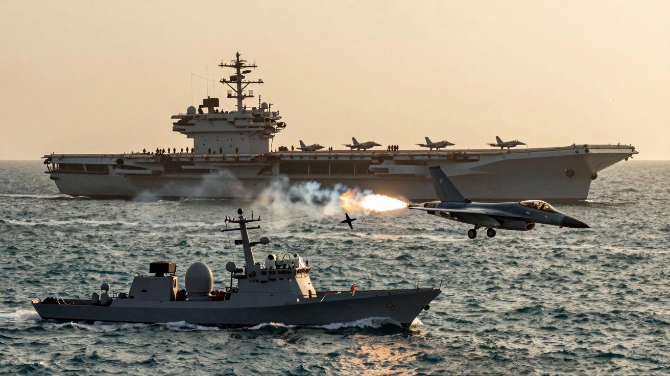 Porta-aviões com aviões no convés, barco no mar e avião a jato a lançar um míssil ao pôr do sol.