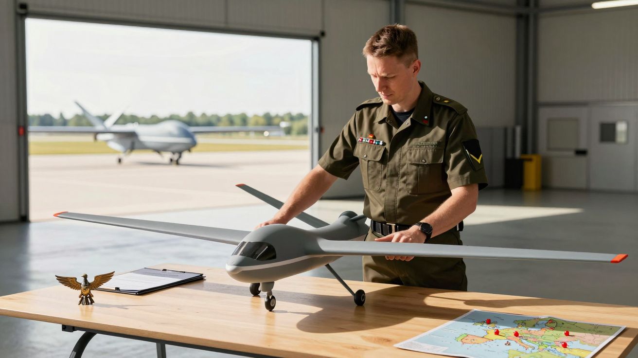 Oficial militar em hangar analisa modelo de drone sobre mesa com mapa e papéis ao lado.