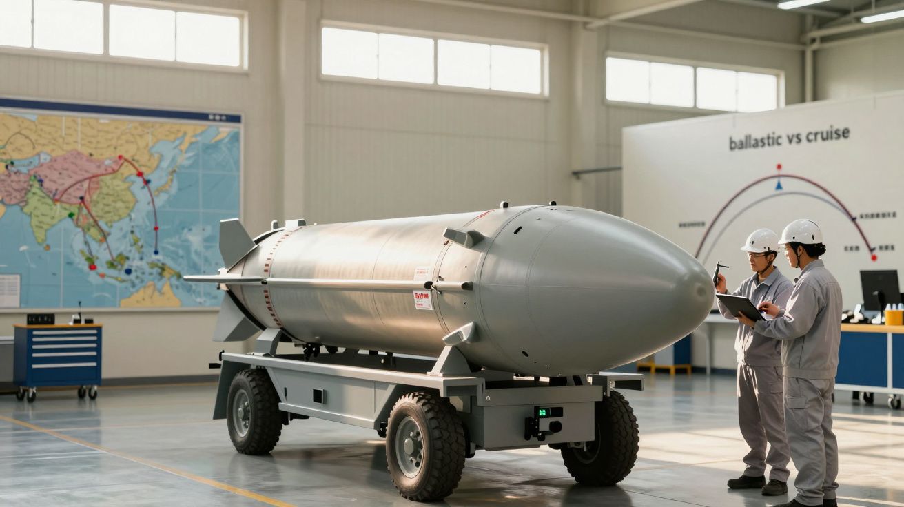 Dois técnicos examinam um míssil num armazém, com mapas e gráficos nas paredes.