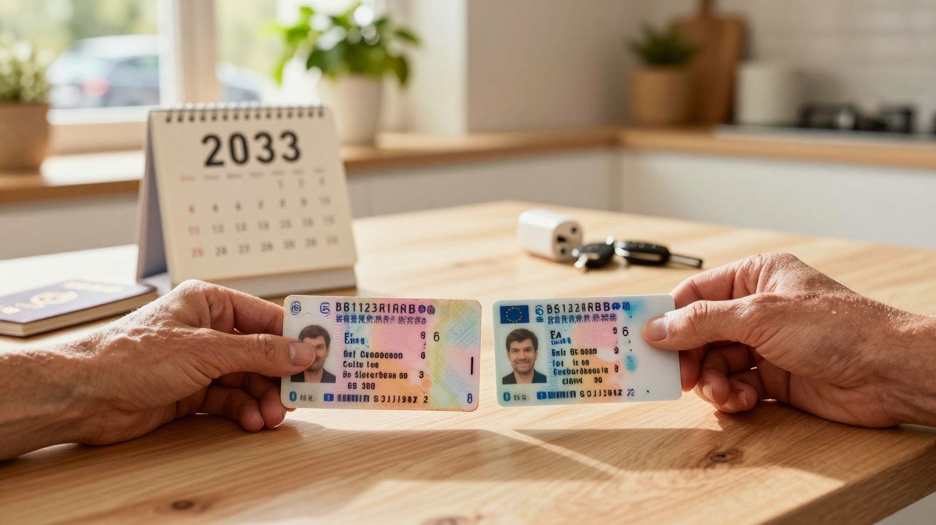 Duas mãos seguram cartões de condução sobre uma mesa, com um calendário de 2033 ao fundo.