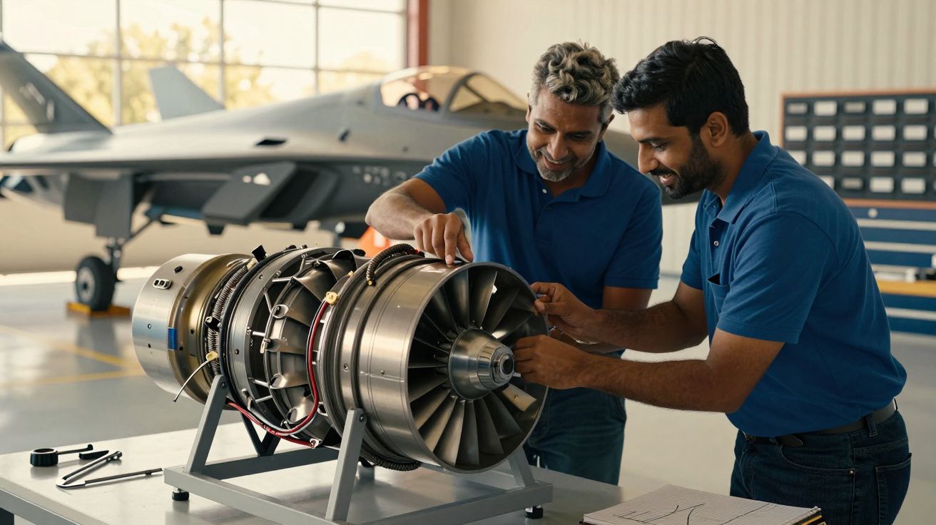 Dois homens analisam motor a jato em hangar com caça ao fundo.