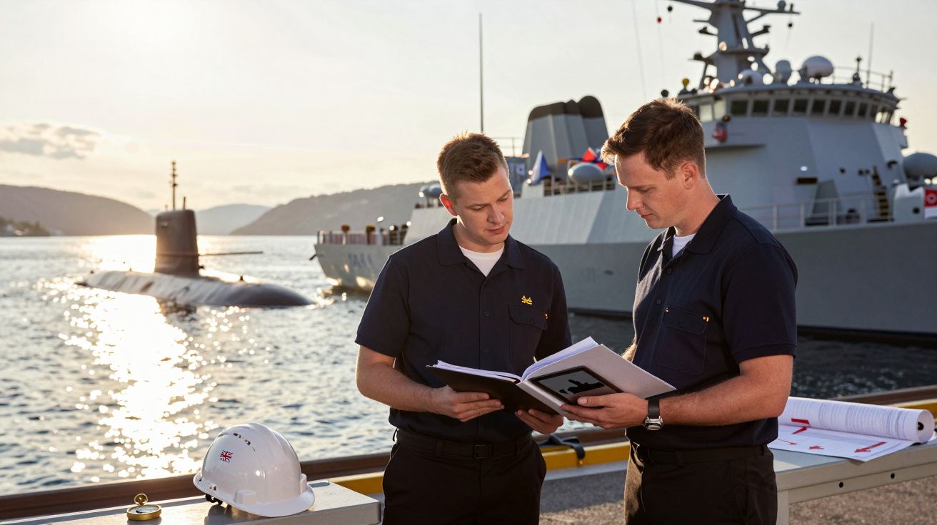 Dois homens de uniforme naval consultam documentos junto a um navio e submarino ao pôr do sol.