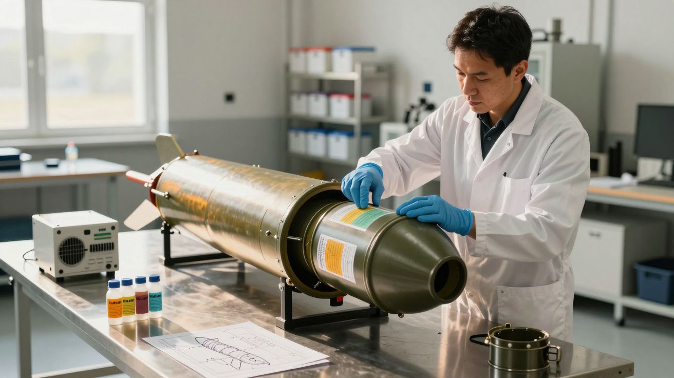 Cientista em laboratório trabalha num projétil, usando luvas e bata branca, com equipamentos ao fundo.