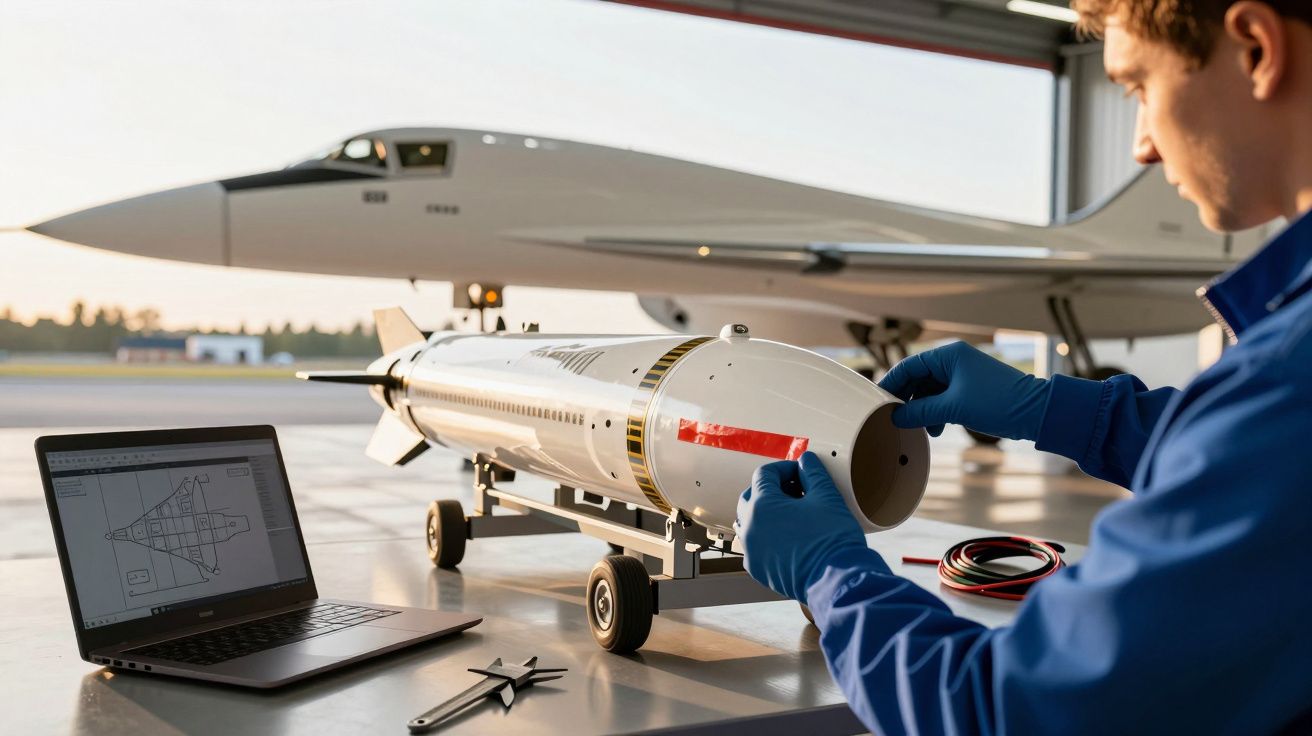 Técnico em laboratório, analisando miniatura de foguete com laptop, avião ao fundo.