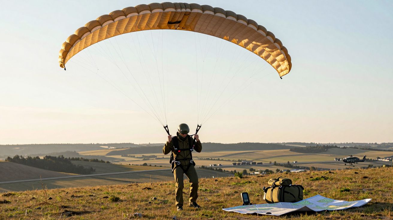 Paraquedista aterra suavemente numa colina com paraquedas aberto, rodeado por mapa e mochila.