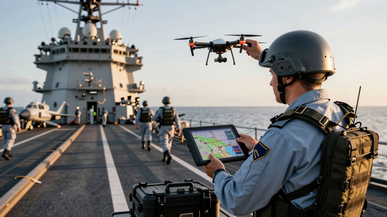 Militar controla um drone num porta-aviões, segurando um tablet; outros militares ao fundo em ambiente marítimo.