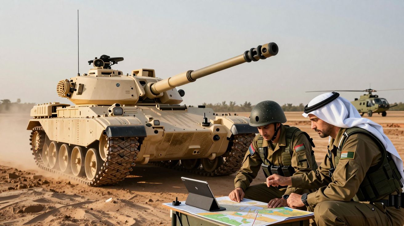 Militares analisam mapa e dispositivo digital junto a um tanque em terreno arenoso com helicóptero ao fundo.