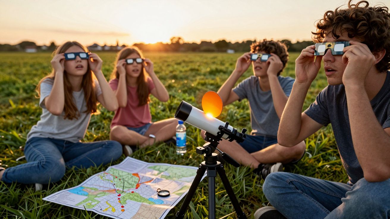 Grupo de jovens sentados em campo com óculos de proteção, observando o céu ao pôr do sol, com um telescópio e mapa.