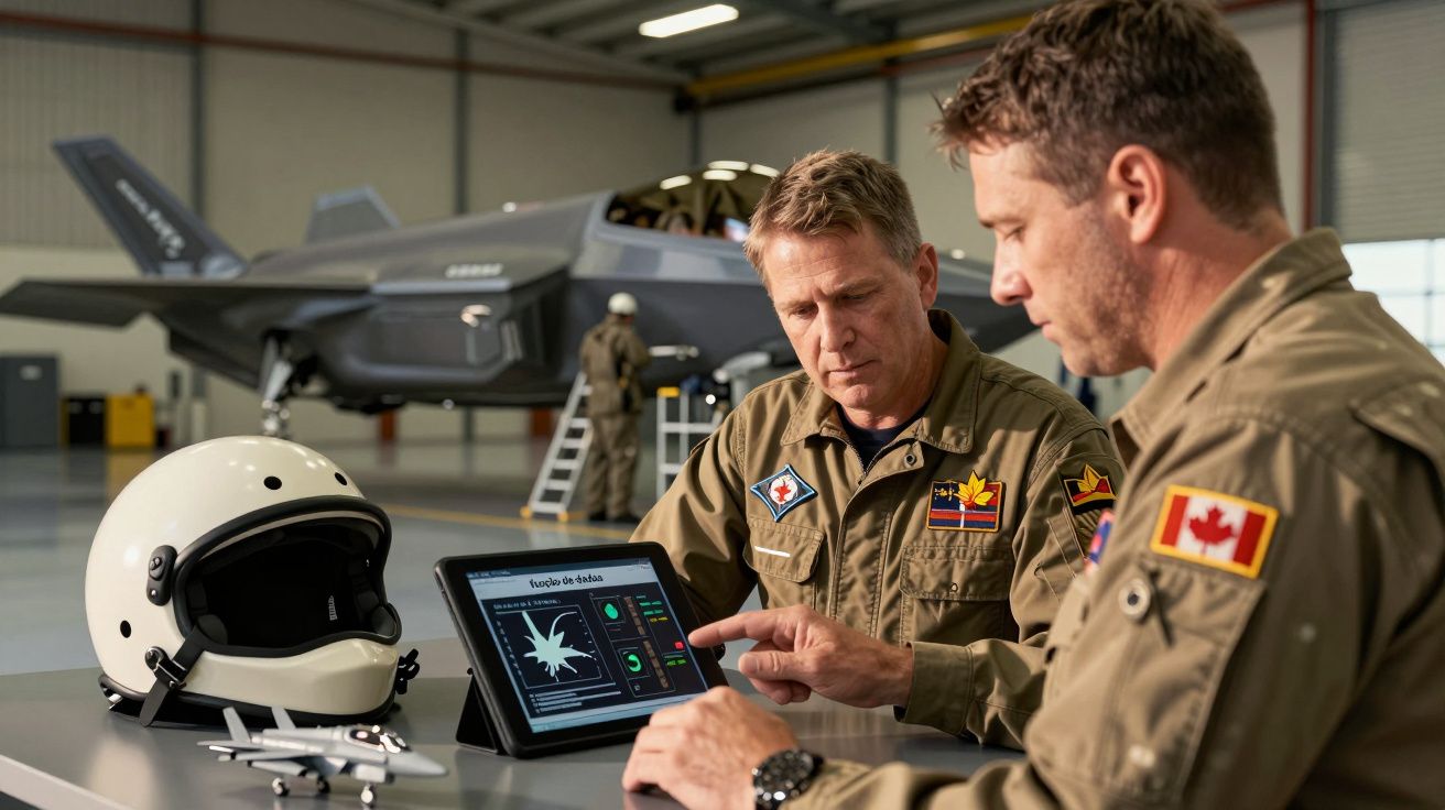 Dois pilotos em uniforme discutem dados num tablet em frente a um caça num hangar. Capacete branco e modelo de avião sobre a 